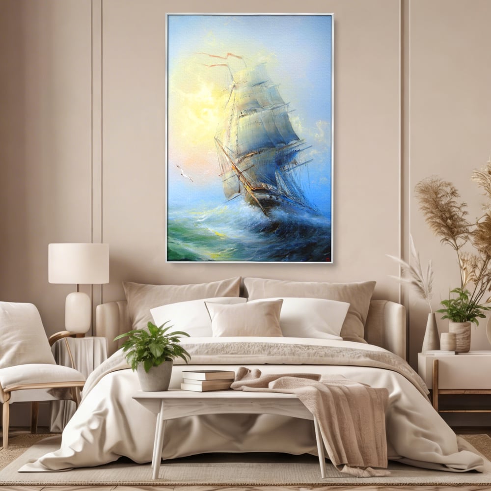 Tablou canvas cu pictura cu vapor pe valuri furtunoase, in rama de aluminiu argintiu, pe perete intr-un dormitor